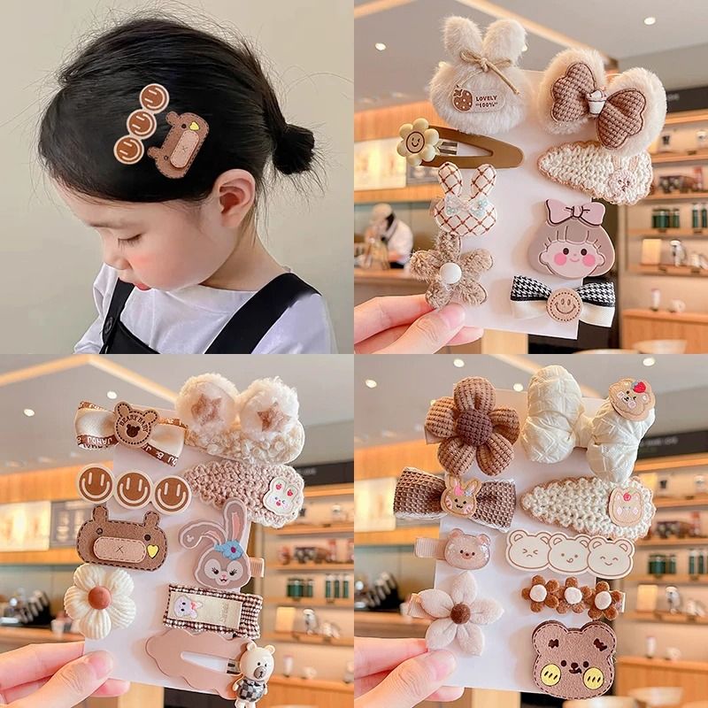 4/8-Piece Childrens Cute Plush Hair Clip Set – Sweet Cartoon Flower & Bow Barrettes for Girls
