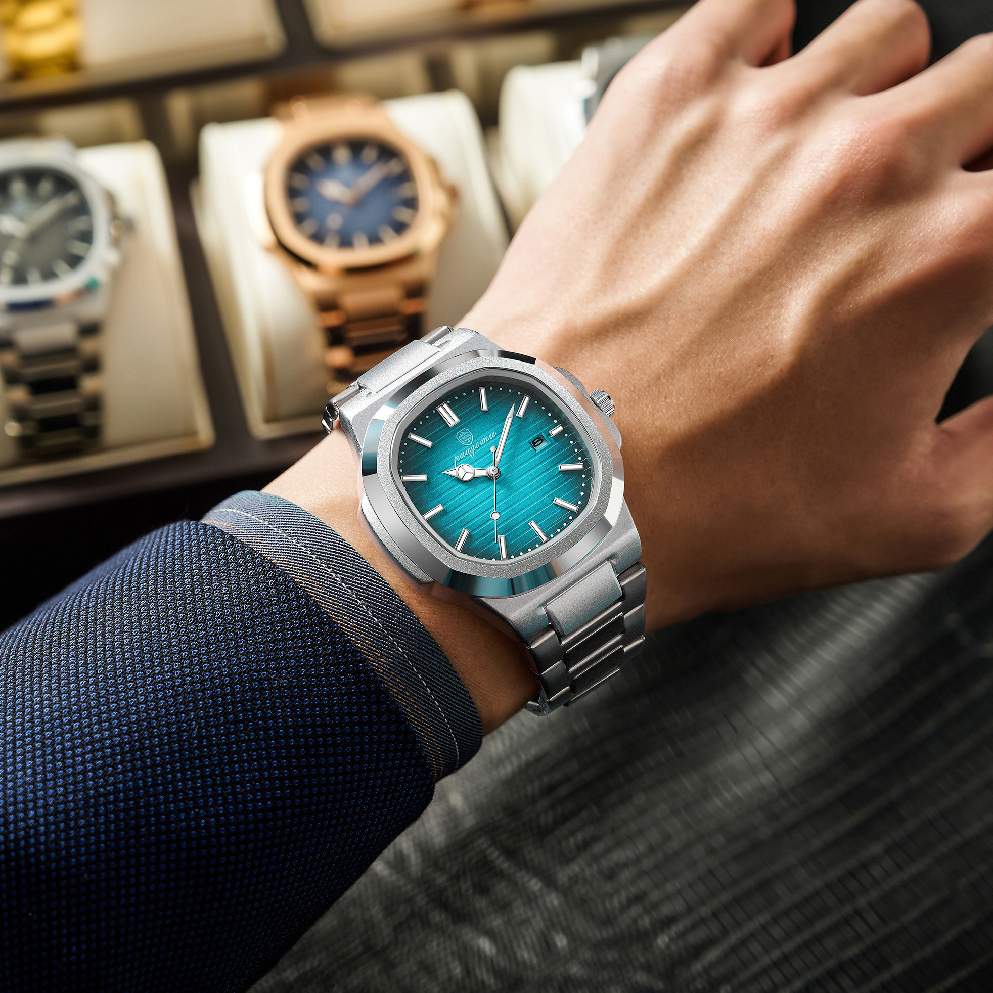 Men Watch Luxury Waterproof, Square Quartz Stainless Steel, Luminous Date Business Male Clock