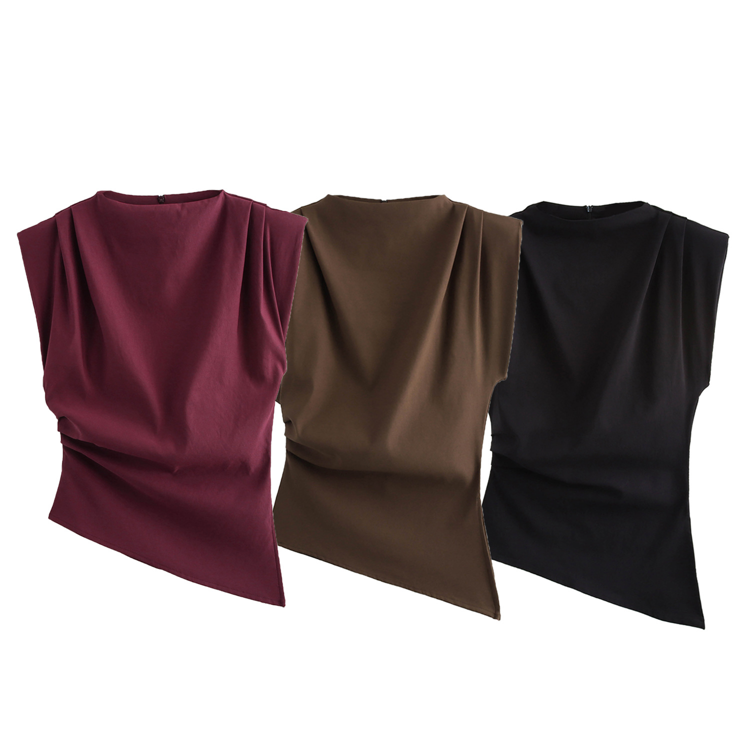 Slim Fit Summer Asymmetric Tank, Women Wine Red/Brown/Black, Ruched Sleeve Tops for Office & Party, Breathable Stretchy