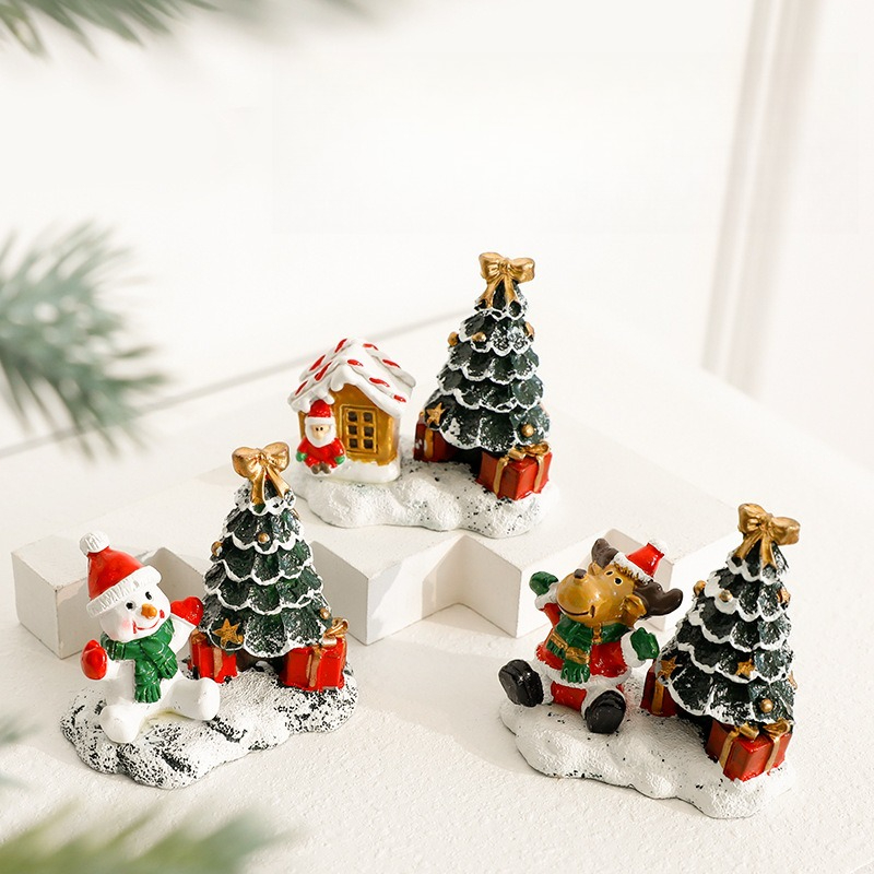 Winter Village Scene with Christmas Snowman Tree Elk Ornaments, Small House Desktop Display