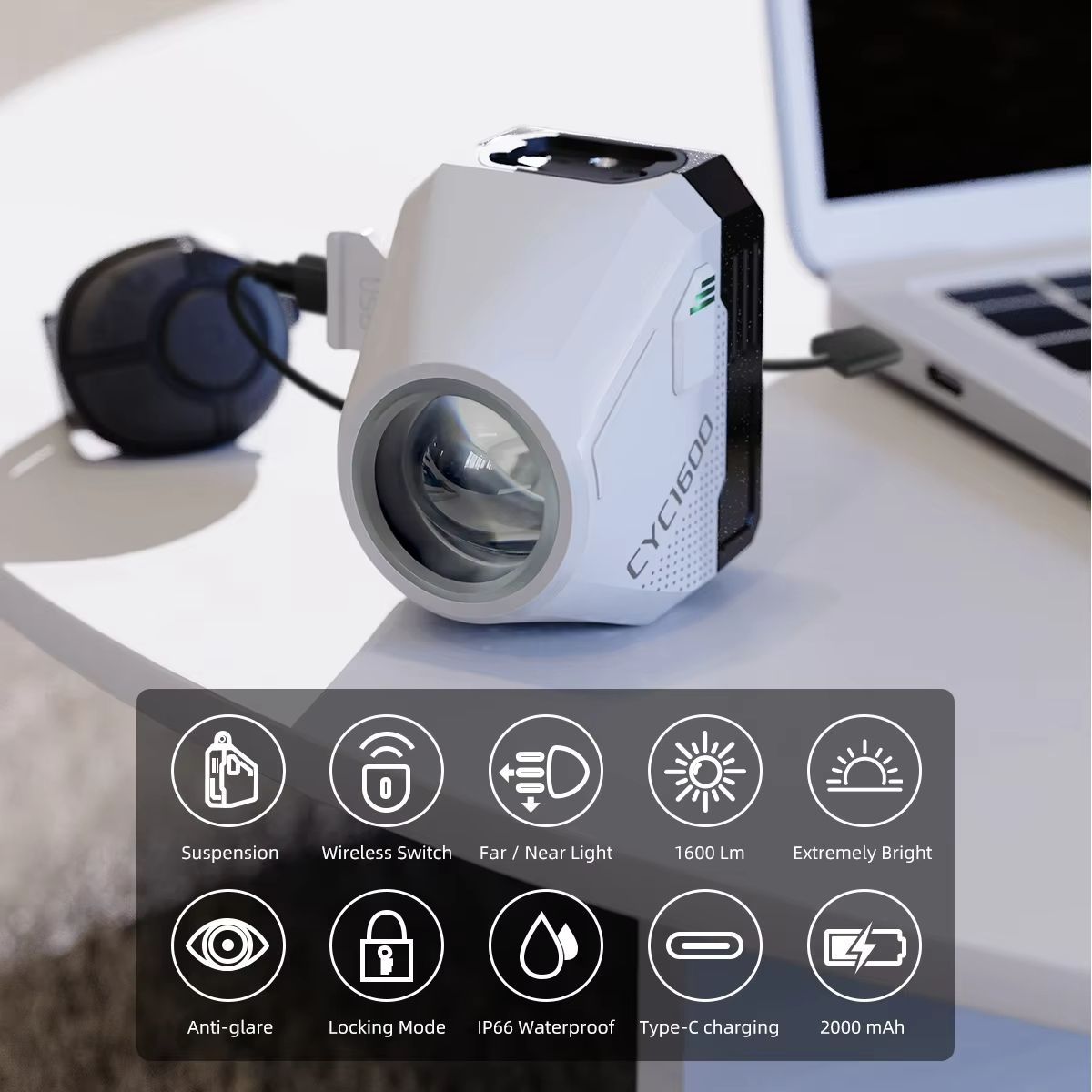CYCLAMI Ultra Bright Bike Headlight – 1600 Lumen Wireless Remote Front Lamp for MTB & Road Cycling