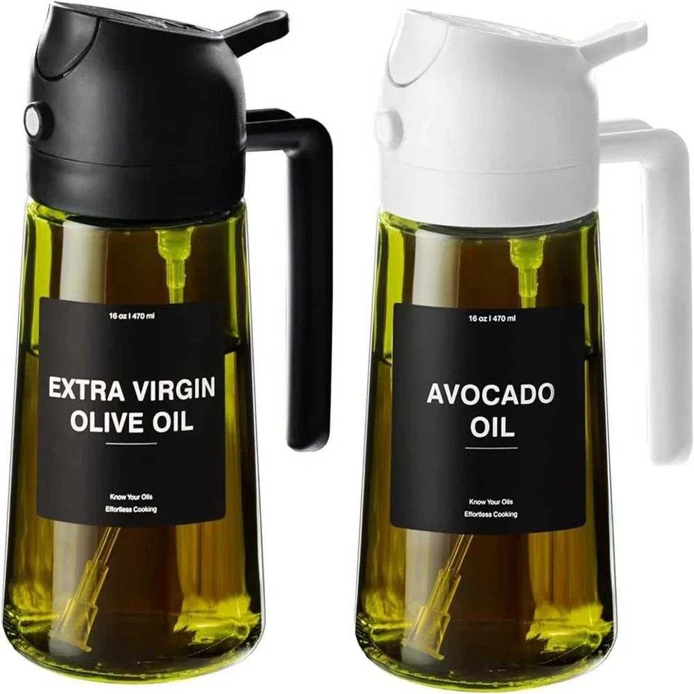 470ml Professional 2-in-1 Oil Sprayer & Dispenser – Thick Glass Olive Oil Bottle with Stickers