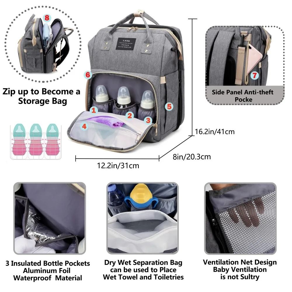Lightweight Diaper Bag Backpack with Folding Crib Travel Bed