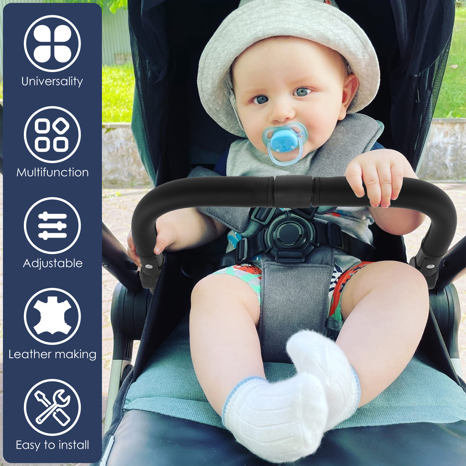 Stroller Bumper Bar Replacement, Adjustable Angle Armrest, Detachable Handlebar, Smooth Leather Crossbar Accessory