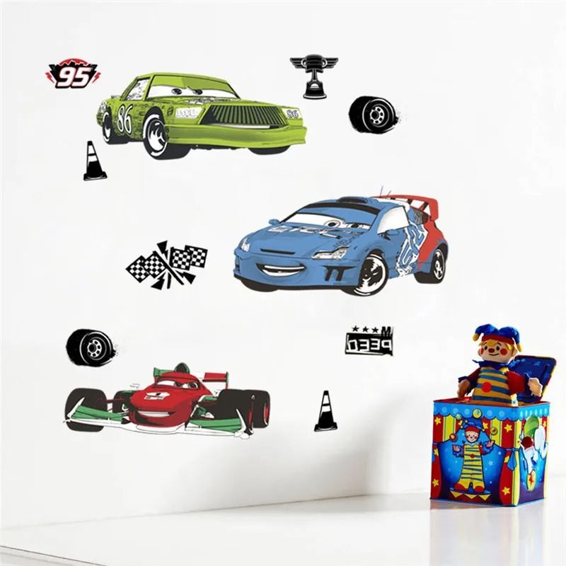 3D Cartoon Cars Breakthrough Wall Decal | Lightning McQueen Racing Mural | High-Fidelity Kid's Room & Playroom Art