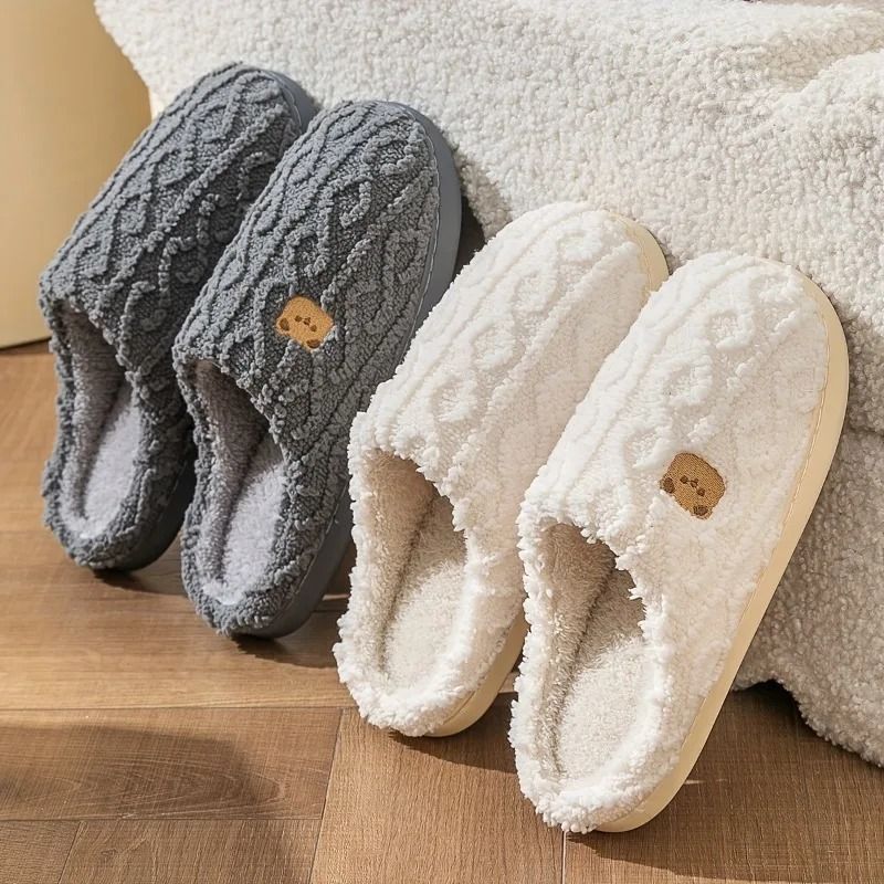 Solid Color Bear Print Warm Indoor Slippers