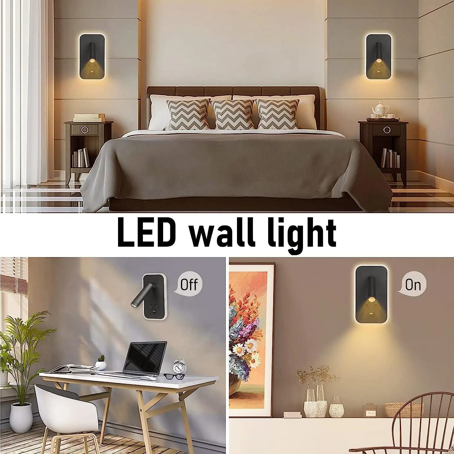 Wall-Mounted Bedside LED Reading Light with USB Charging Port and Adjustable Spotlight