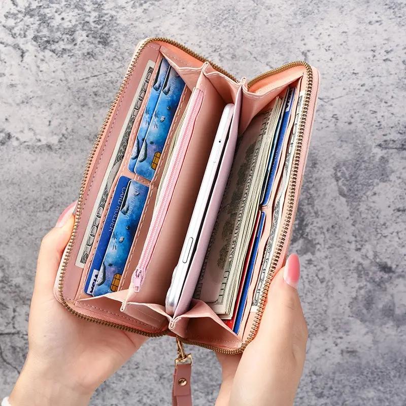 Elegant Womens Long Wallet Zipper Leather Card Holder with Large Capacity