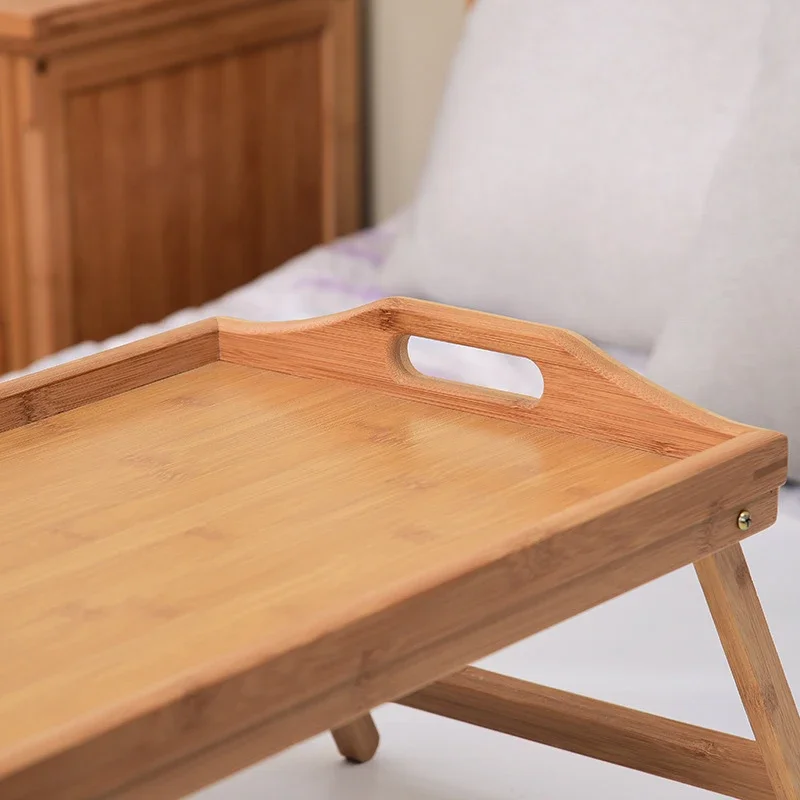 Foldable Bamboo Bed Tray Table with Folding Legs, Snack Tray, Breakfast Tray, Serving Laptop Tray, Handle Bed Table