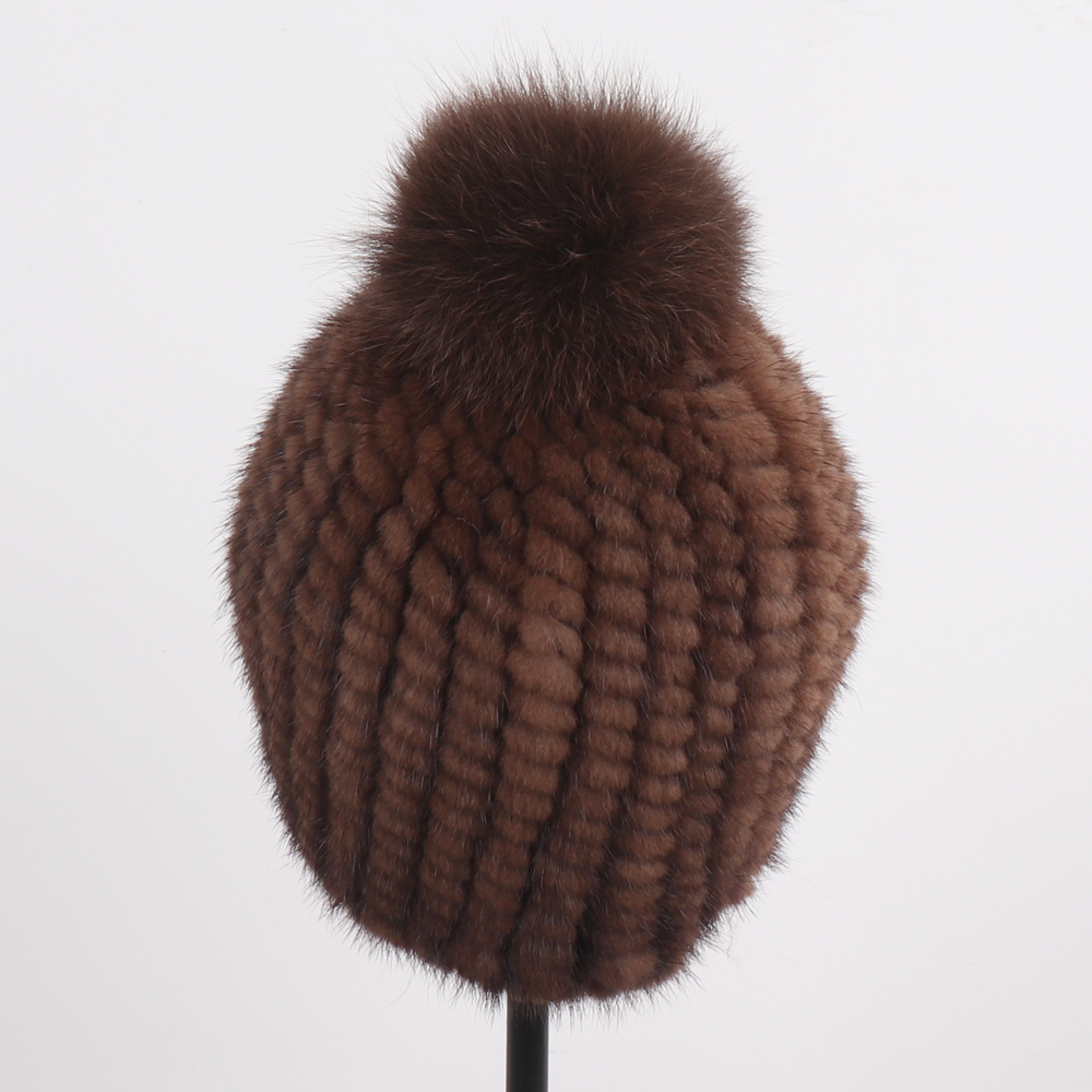 Winter Women Genuine Mink Fur Hat Hand Knitted Warm Cap with Real Mink Fur and Fox Fur Pompoms