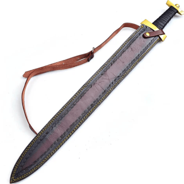 Damascus Steel Roman Spatha Replica Sword - Leather Wrapped Handle & Sheath Included