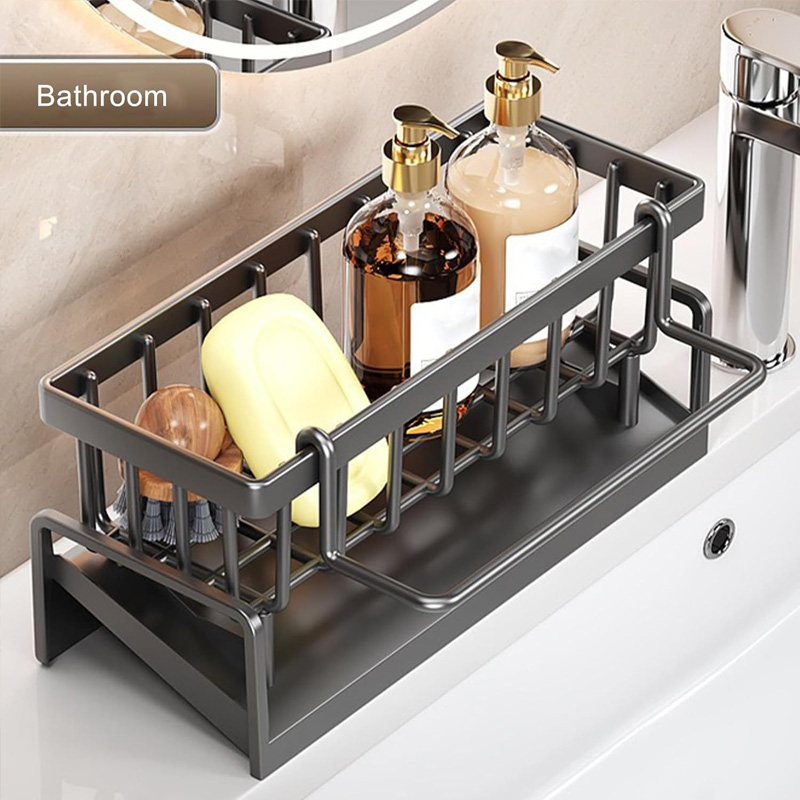 Stainless Steel Faucet Caddy, Kitchen Sink Organizer with Drain for Dish Soap, Scrubbers & Sponges