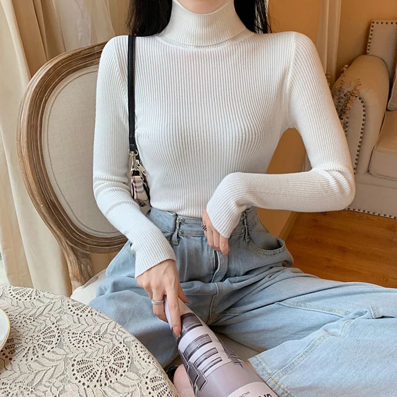 Autumn Winter Women's Ribbed Turtleneck Knit Sweater – Slim Fit Soft Warm Pullover
