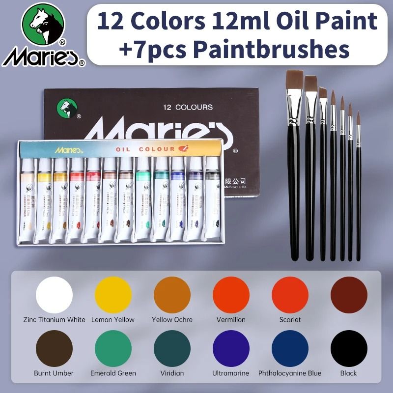 Marie's 19 Piece Oil Paint Set with 12 Colors Pigments and 7 Brushes Artist Painting Kit