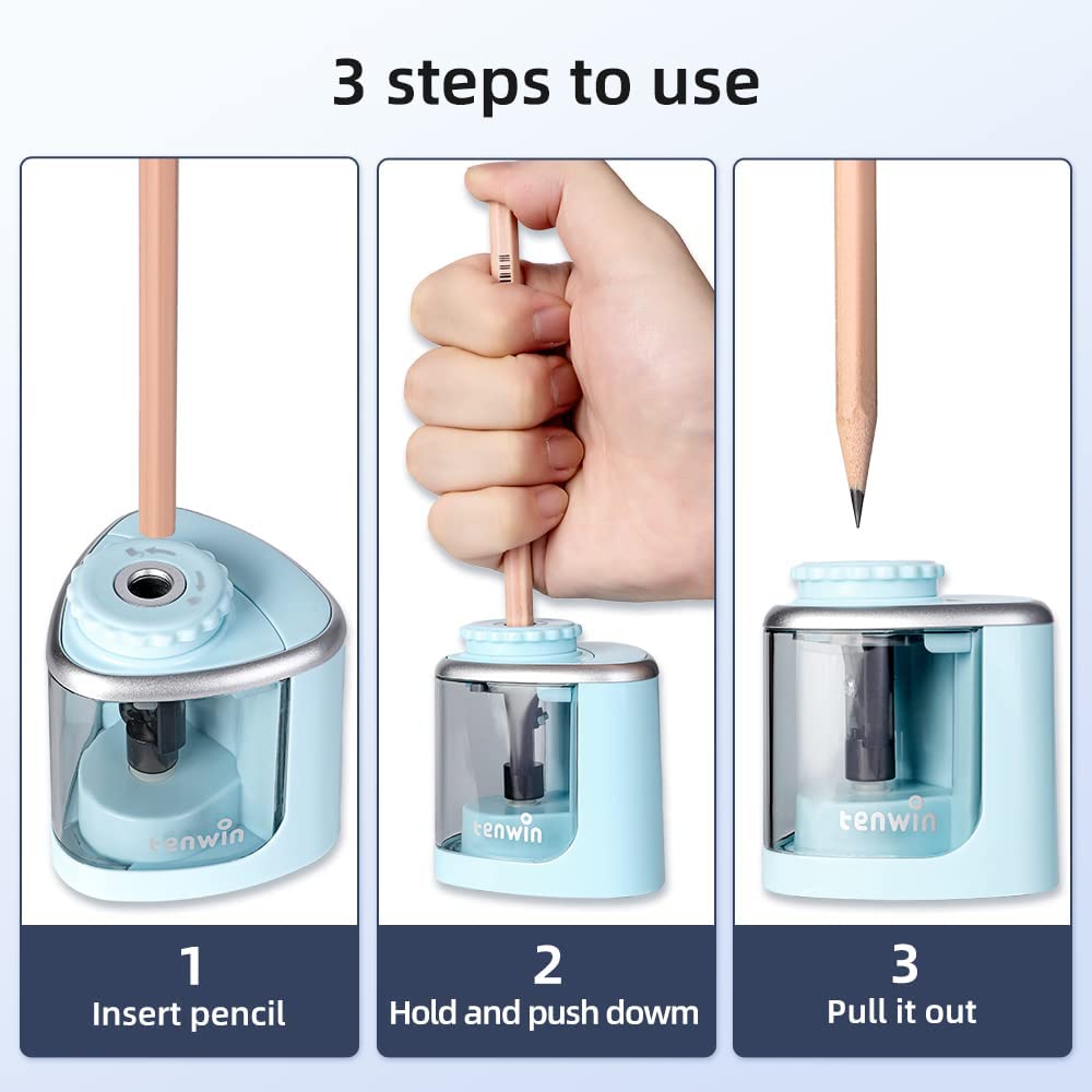 Tenwin Electric Pencil Sharpener with Helical Steel Blade Quiet Auto Pencil Sharpener for Students Artists and Colored