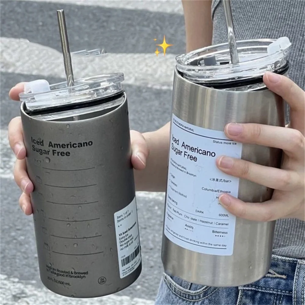 Portable Thermos Cup with Straw, Stainless Steel Coffee Mug, Thermal Insulated Water Bottle