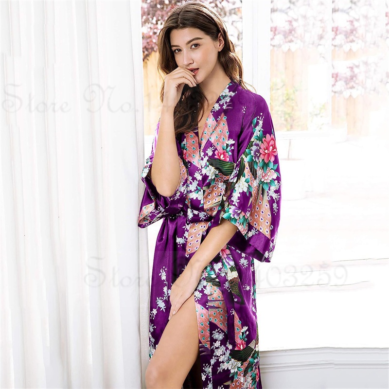 Women Satin Long Robe, Sexy Wedding Bride Bridesmaid Gown, Oversize Bathrobe with Pockets, Loungewear Homewear Dressing