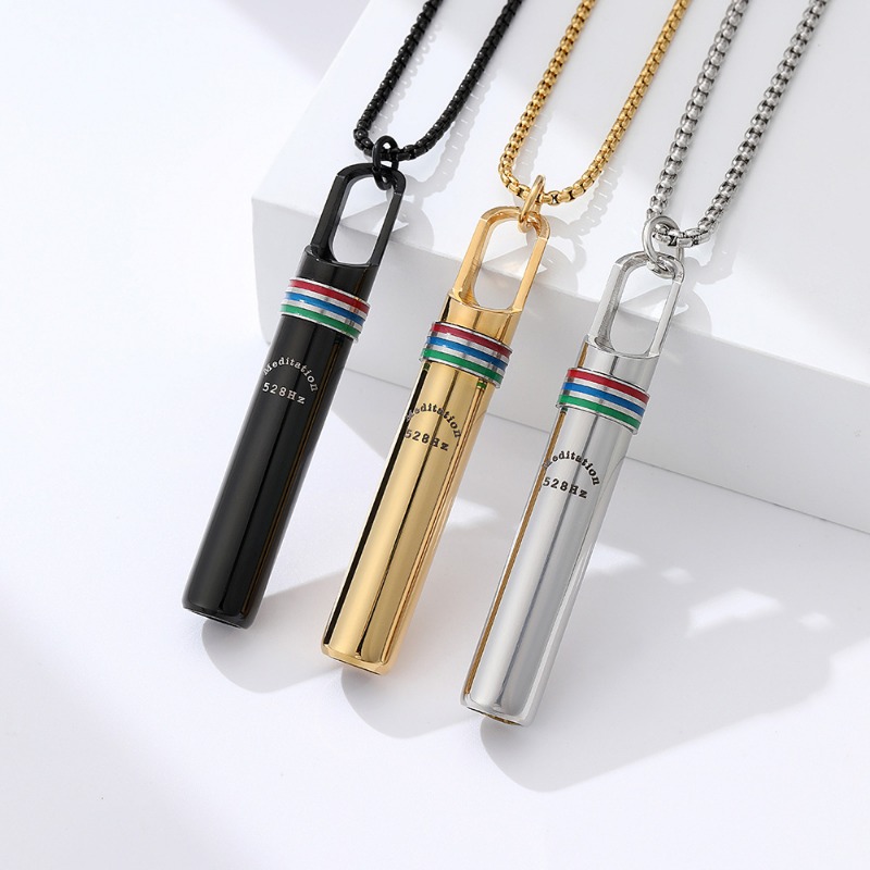 Mindful Breathing Necklace Stainless Steel Anxiety Relief & Meditation Whistle Pendant