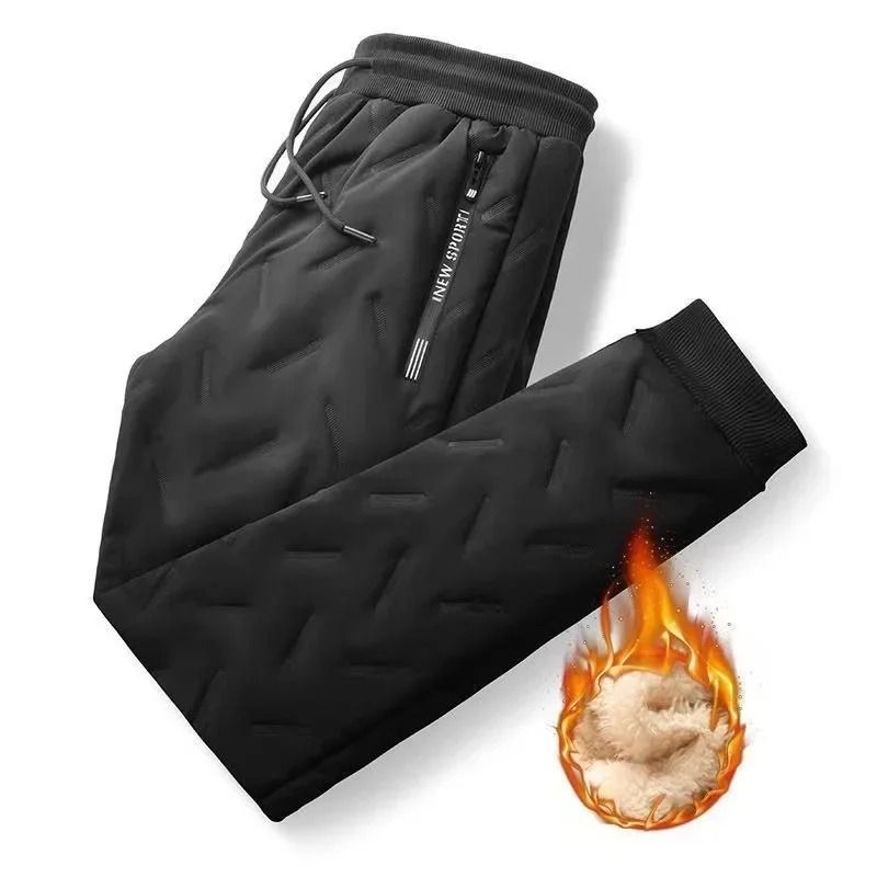 Mens Cotton Quilted Winter Fleece Lined Trousers Loose Fit Straight Leg