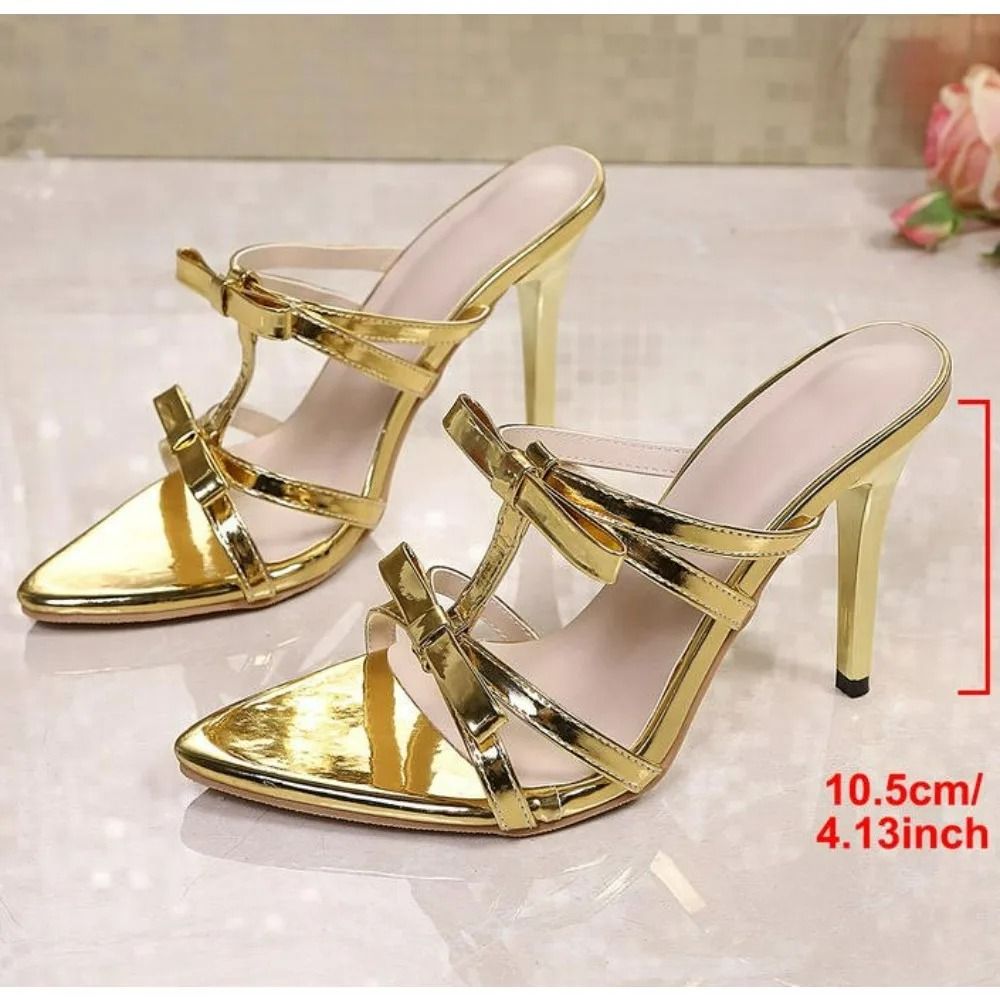 Luxury Gold Stiletto Sandals – Elegant Pointed-Toe Bowtie Party Pumps
