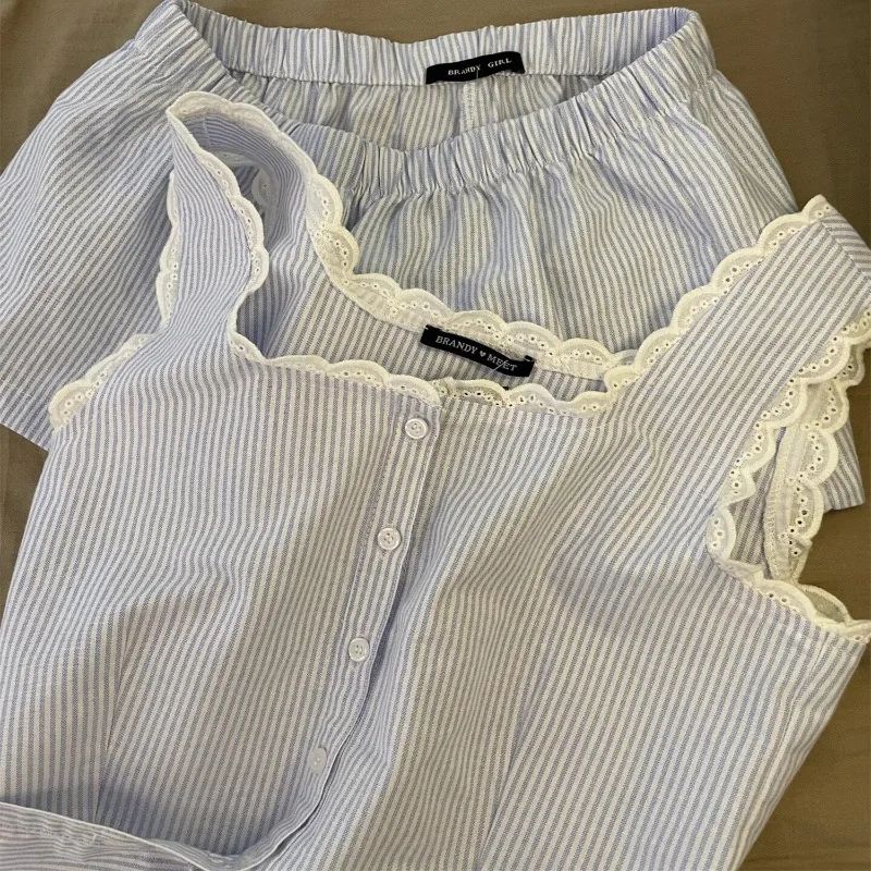 Luxury Striped Womens Summer Pajama Set – Sleeveless Lace Tank & Shorts Womens Summer Pajamas