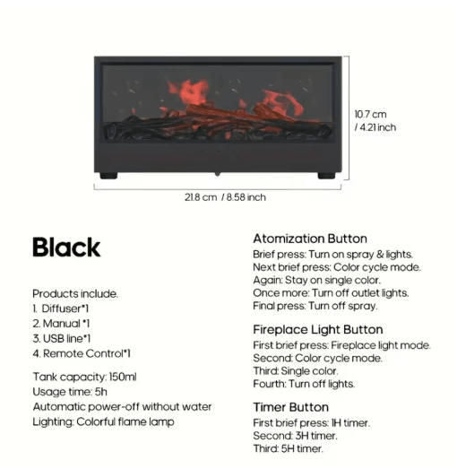 FlameMist USB Fireplace Humidifier Diffuser LED Flame Aroma Diffuser with Remote Control and Timer