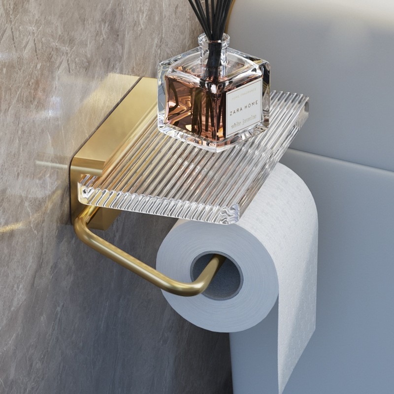 Gold Luxury Toilet Paper Holder Wall-Mounted Acrylic Roll with Shelf Organizer