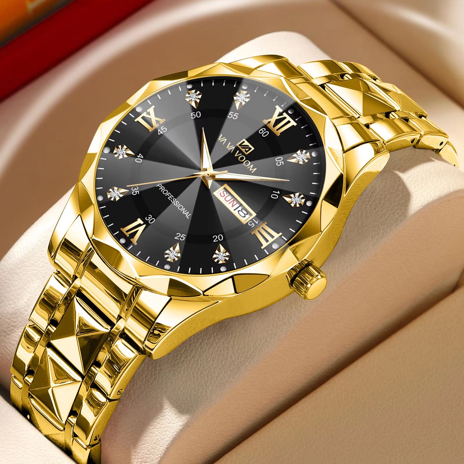 Men's Luxury Stainless Steel Watch – Blue Gold Quartz with Night Glow & Double Calendar