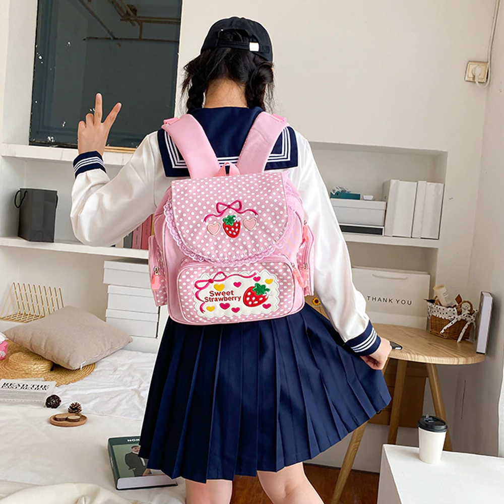 Pink Backpack With Strawberry Pattern