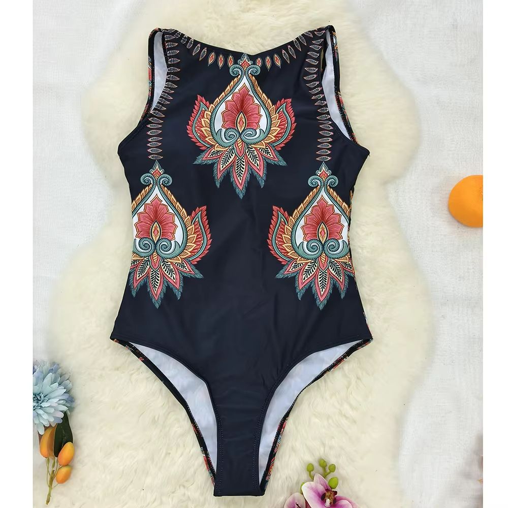 Women's Printed One-Piece Swimsuit – Push Up Lace-Up Beachwear