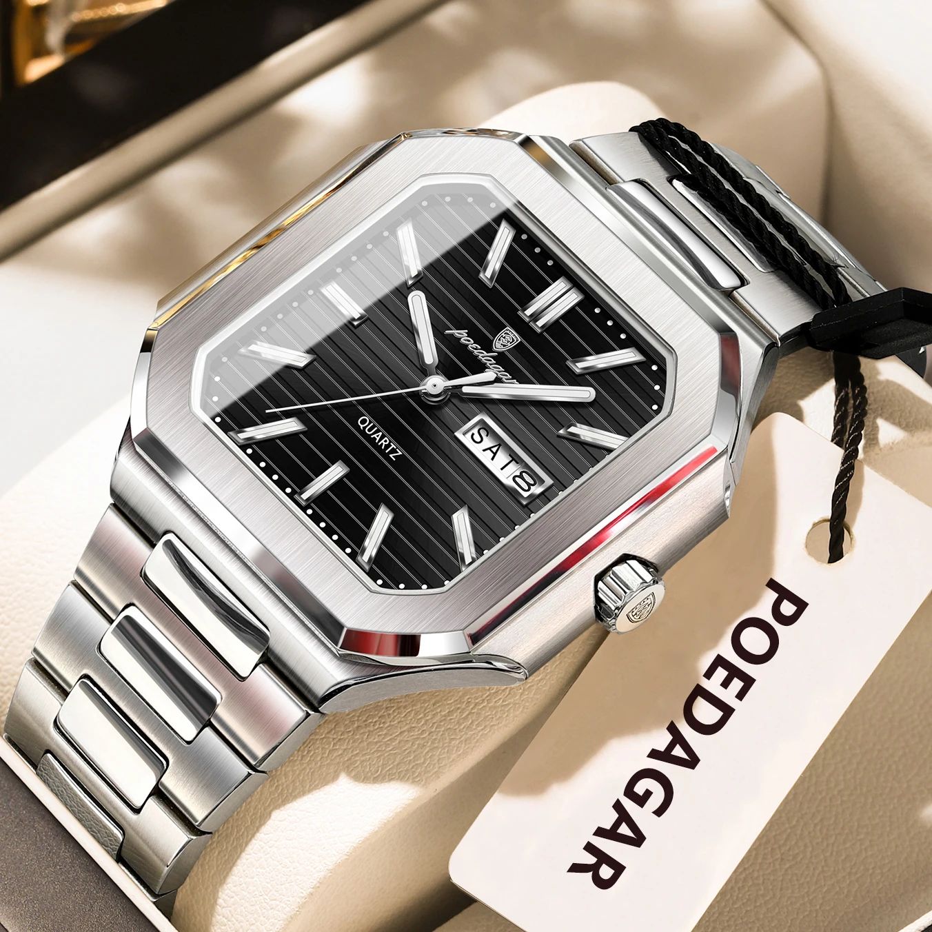 POEDAGAR Luxury Square Waterproof Men's Quartz Watch with Luminous Date & Week