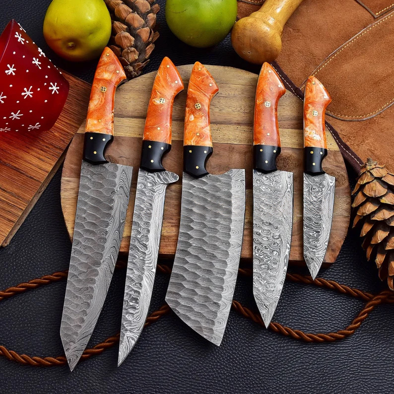 Handmade Damascus Steel Kitchen Chef Knives Set With Beautiful Colour Bone Handle