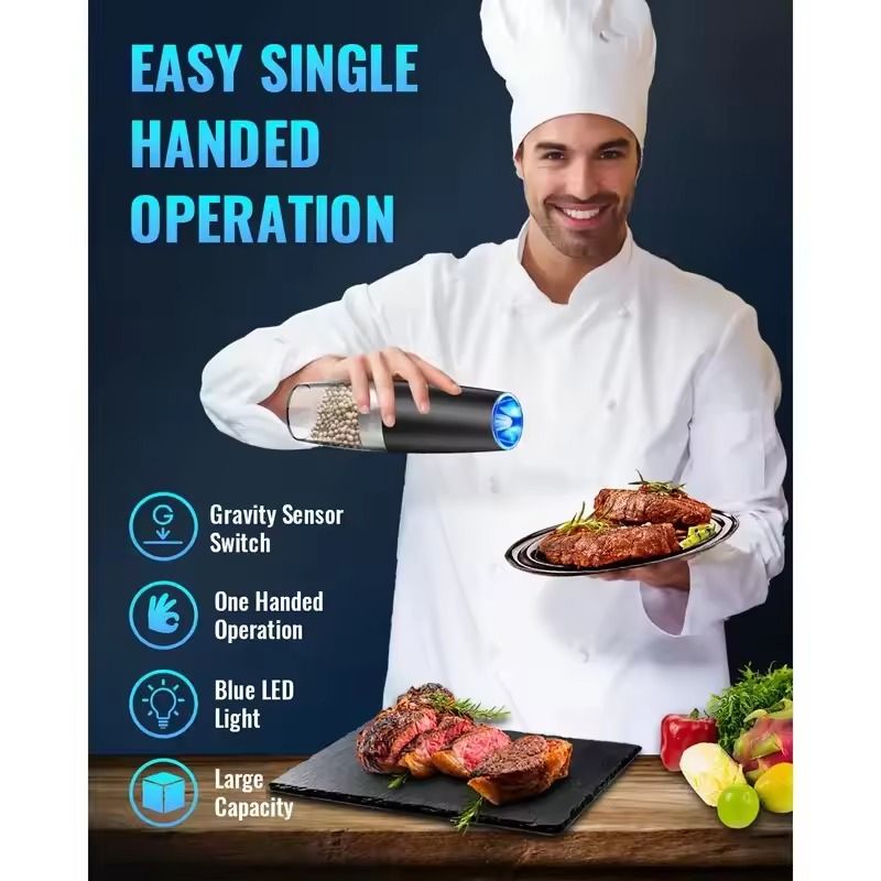 Gravity Electric Salt and Pepper Mill with Automatic Tilt Grind and Adjustable Coarseness