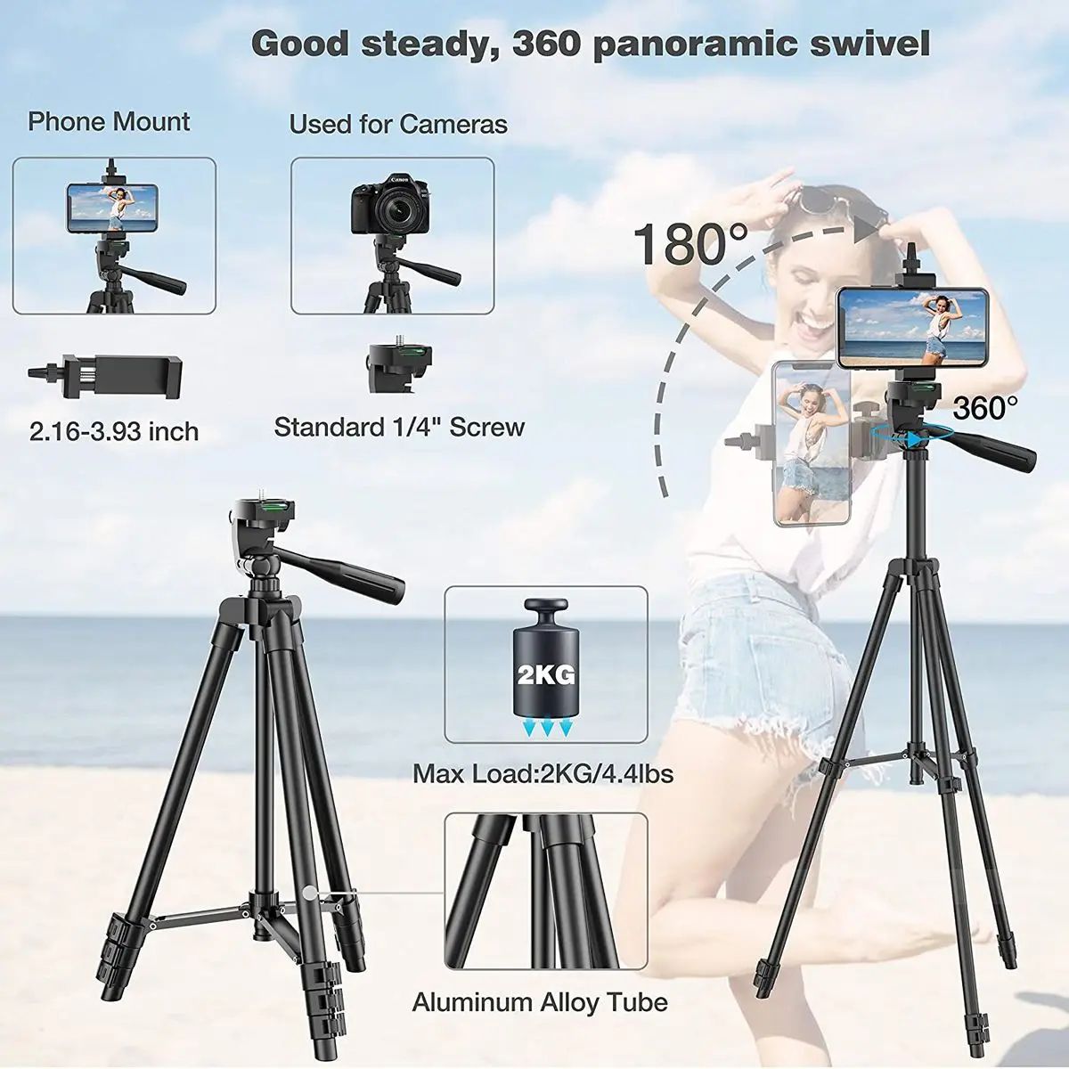 Lightweight Camera Tripod with Phone Holder