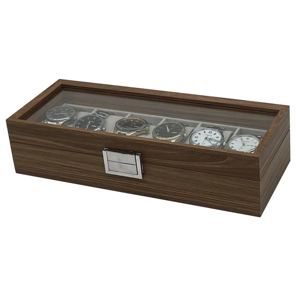Black Walnut Style Wooden Watch Display Box 6 Slot Storage Case For Watches