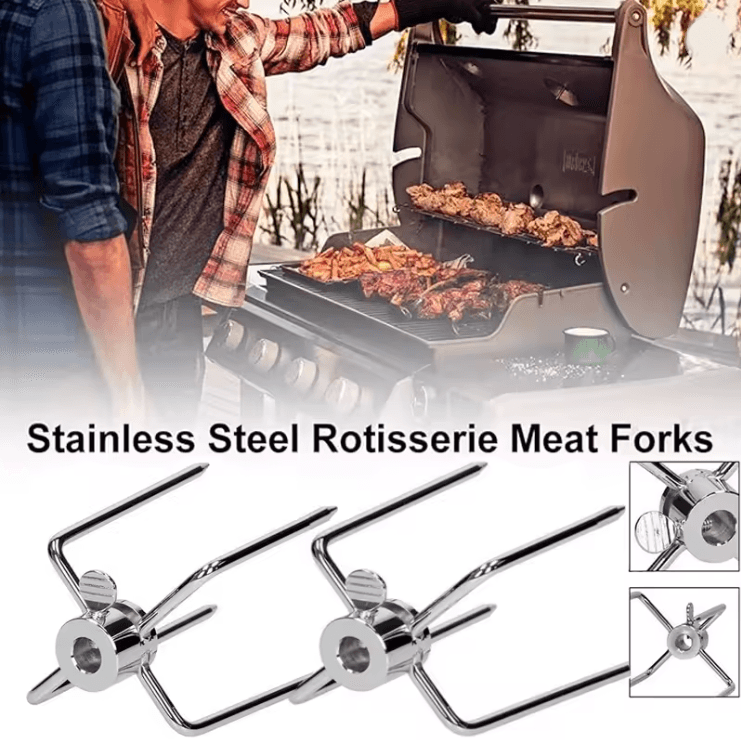 Double Sided Rotisserie Fork Stainless Steel BBQ Skewer for Grilling and Roasting
