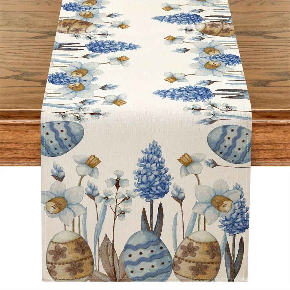 Easter Blue Eggs Floral Linen Table Runner