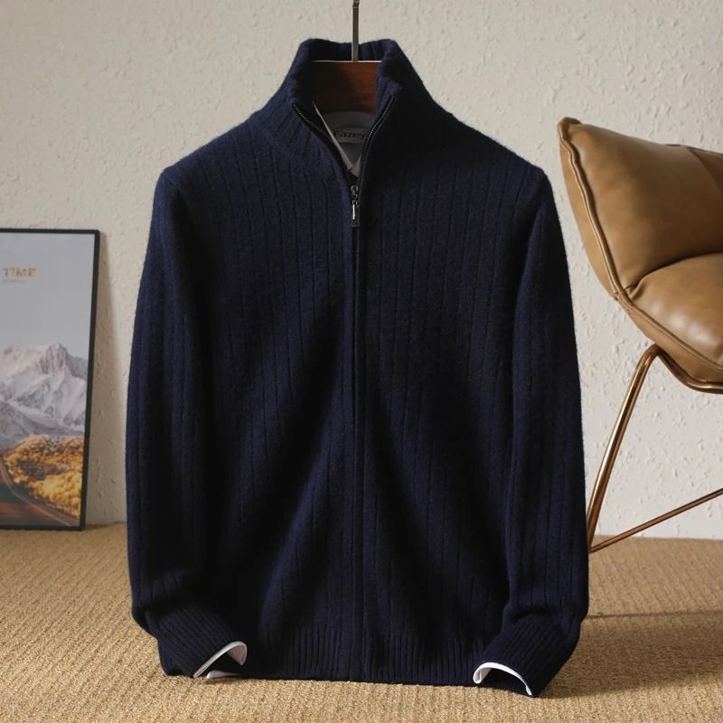 Men 100 Percent Merino Wool Stand Up Collar Cardigan Zipper Coat