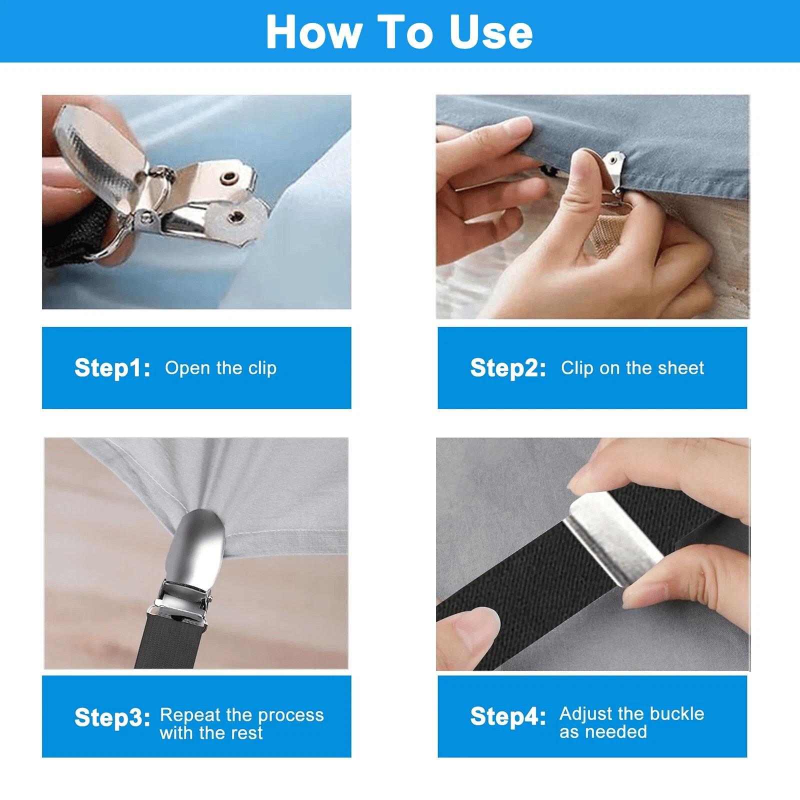 2x Adjustable Bed Sheet Fastener Elastic Suspenders Straps with Clips Secure Fitted Sheets & Mattress Covers