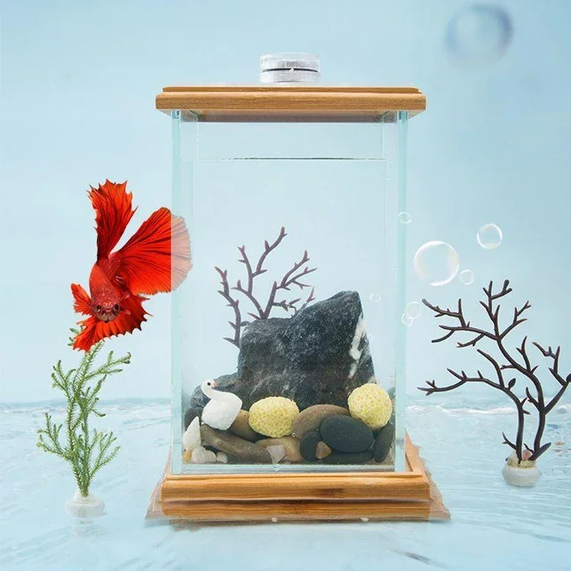 Mini Rotating Aquarium LED Cylindrical Fish Tank, Desktop Glass Aquarium Decoration for Office and Home