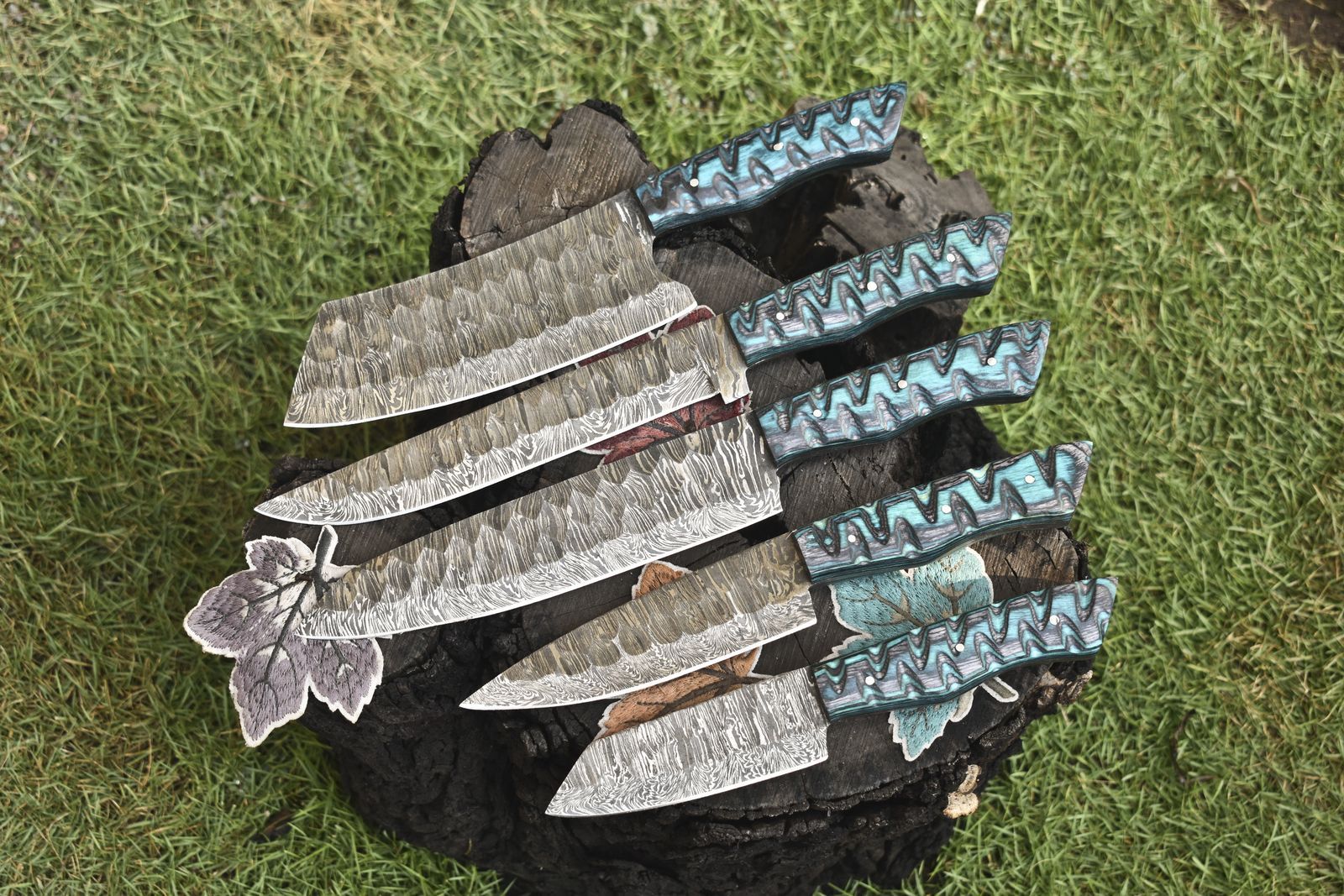 Forged Damascus Steel Chef Knives | 5-Piece Twist Pattern Hardwood Set