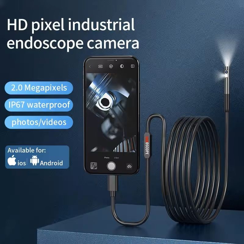 3-in-1 Waterproof USB Endoscope Inspection Camera – 8mm Lens, 1200P HD, 6 LED Lights, IP67 Waterproof