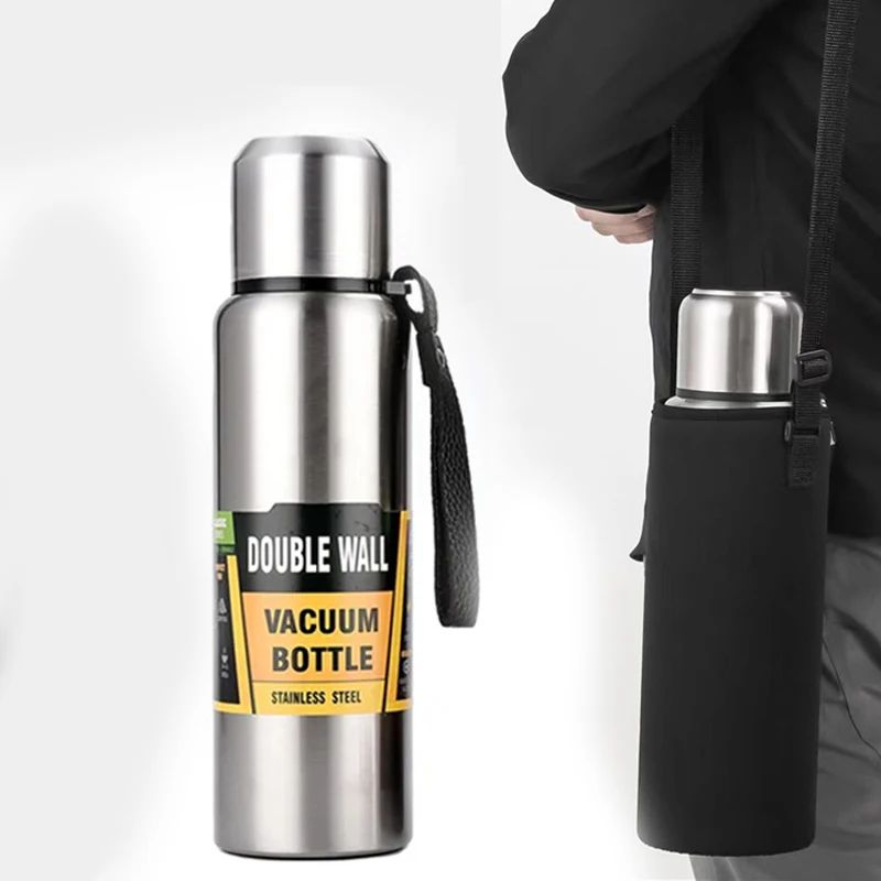 Stainless Steel Vacuum Thermos Bottle with Strainer – Large Capacity Insulated Tumbler with Carry Rope