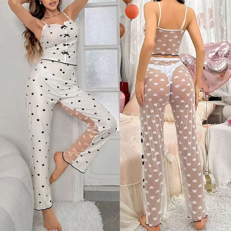 Womens Sheer Mesh Lace Two Piece Pajama Set With Ribbed Strap Top And Pants