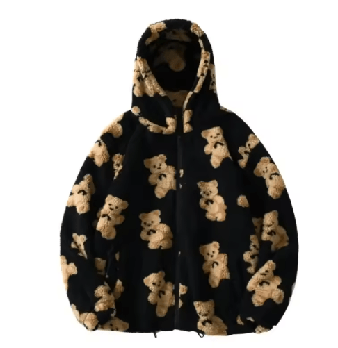 Harajuku Heart Plush Hooded Jacket – Cozy plush winter jacket women