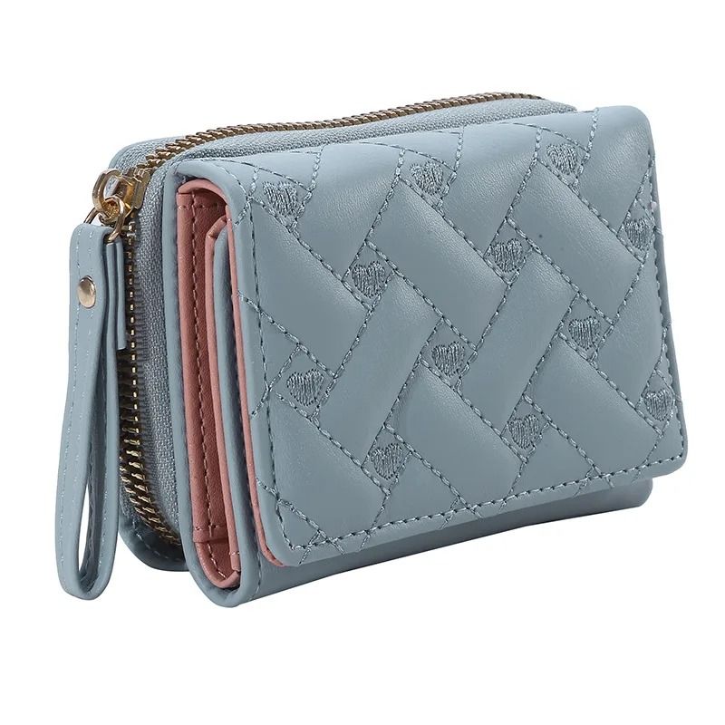 Women PU Leather Embroidered Love Trifold Small Wallet Card Holder