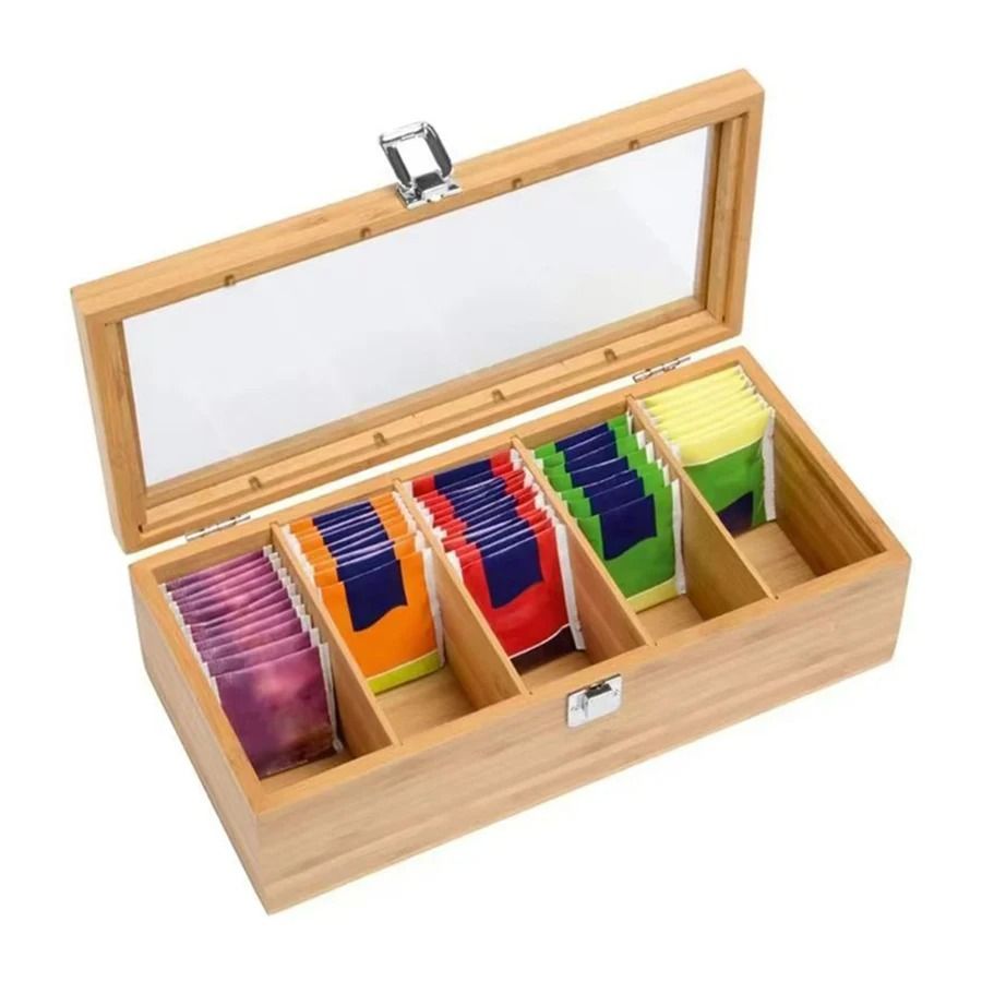 Bamboo Tea Bag Storage Box – 5-Compartment Portable Tea Holder – Multipurpose Organizer for Home & Office