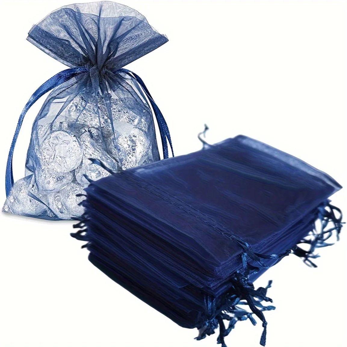 Navy Blue Organza Drawstring Gift Bags 50-Pack, Sheer Favor Pouches for Jewelry & Treats