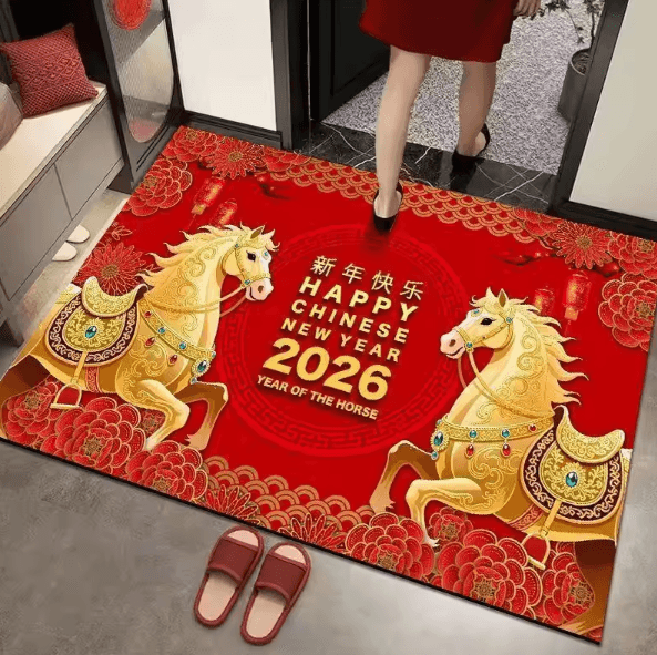 Chinese New Year Year of the Horse Rug – Red Gold Festival Carpet with Running Horse & Peony Design