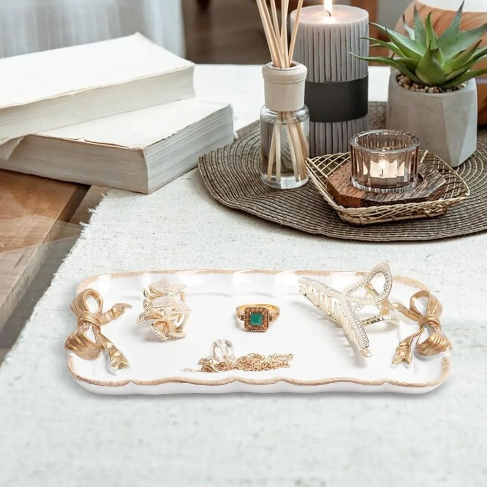 Vintage Resin Jewelry Tray with Bow Design Decorative Organizer for Rings, Necklaces & Vanity Storage